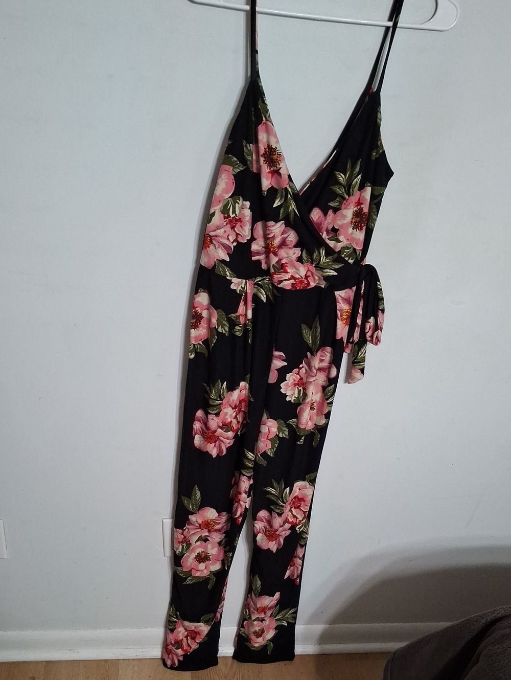 Derek Heart/ Black Jumpsuit with Pink Floral Print- W Sz Medium - Picture 1 of 7